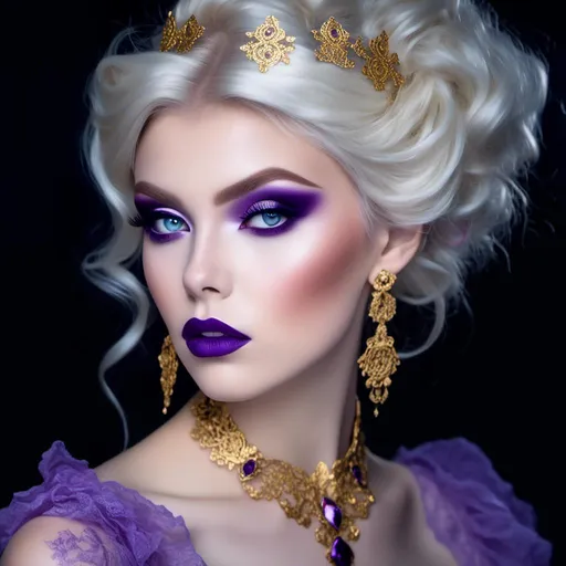 Prompt: <mymodel>Hypnotic bimbo  platinum  blonde   gold lips and purple eyeshadow 