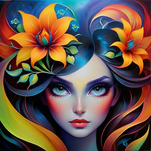 Prompt: Beautiful  hybrid woman with flowers sprouting from her, oil painting, ethereal glow, dark and mysterious, high quality, vibrant colors, surreal, haunting, intricate floral details, intense gaze, mystical atmosphere, oil painting, demon, hybrid, fiery eyes, ethereal, vibrant colors, surreal, haunting, floral details, intense gaze, mystical atmosphere