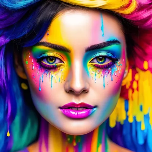 Prompt: Facial closeup of a female face, rainbow paint dripping, vibrant colors, high-definition, detailed, digital painting, close-up, colorful, expressive, rainbow paint drips, intense gaze, professional, vibrant, artistic, surreal, vivid colors, detailed facial features, digital art, high quality