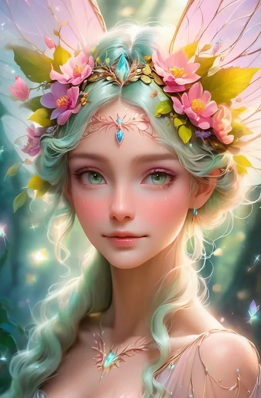 Prompt: Fairy goddess, ethereal and mystical, magical forest setting, flowing gown with shimmering details, intricate floral crown, radiant and glowing, soft pastel color palette, dreamy and whimsical, fantasy, high quality, ethereal style, soft lighting, detailed wings, enchanted atmosphere, facial closeup