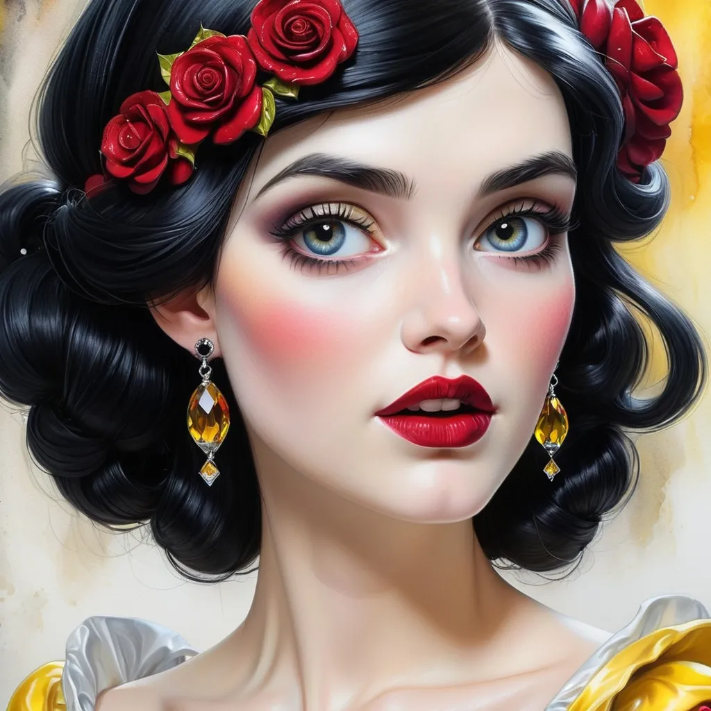 Prompt: <mymodel>Snow White.  beautiful woman, hair pinned up, yellow red black dress, earrings, Watercolor, trending on artstation, sharp focus,  by  Josephine Wall and Jasmine Becket-Griffith