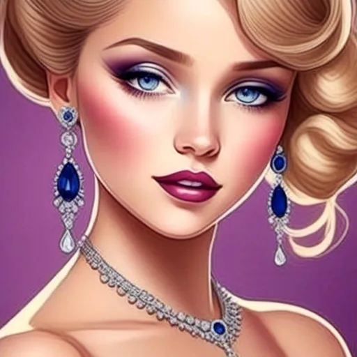 Prompt: <mymodel>Glamorously dressed 1930's lady, sapphire jewelry, blue eyes, vintage glam, luxurious satin gown, elegant updo hairstyle, detailed facial features, high-quality, vintage, glamorous, detailed sapphire jewelry, sophisticated makeup, atmospheric lighting, deep blue color tones, classic Hollywood style