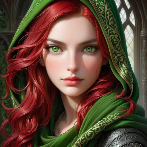 Prompt: a painting of a woman with red hair and green eyes, with a scarf around her neck and a hood on, Anne Stokes, gothic art, highly detailed digital painting, a photorealistic painting