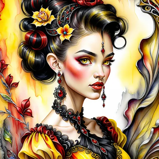 Prompt: beautiful woman, hair pinned up, yellow red black dress, earrings, Watercolor, trending on artstation, sharp focus, studio photo, intricate details, highly detailed, by  Josephine Wall and Jasmine Becket-Griffith