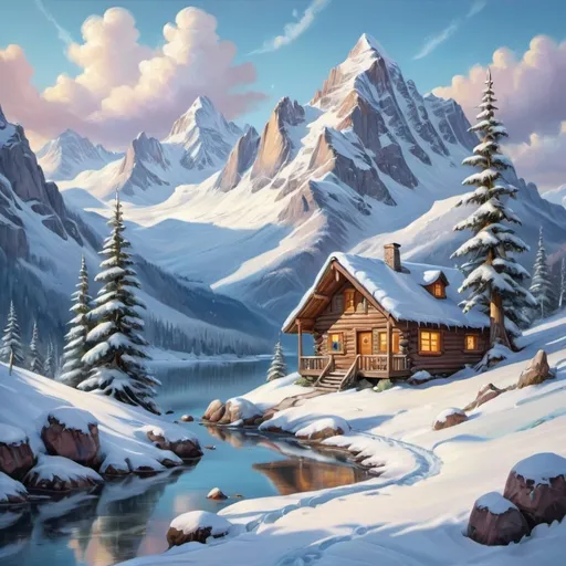Prompt: a cabin in a snowy mountain landscape, oil painting, snow-capped peaks, serene winter scene, high quality, realistic, cool tones, soft lighting, peaceful atmosphere