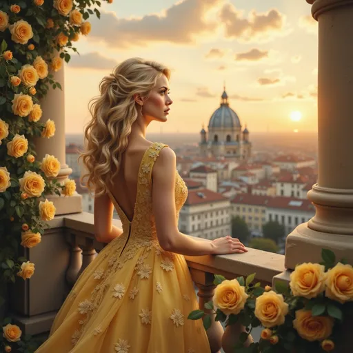 Prompt: Bathed in the warm golden glow of sunset, a striking princess looks longingly at a city from a balcony adorned with blooming yellow roses, her back turned to the viewer as she gazes over a picturesque cityscape. She wears an exquisite, intricately designed yellow gown that cascades elegantly to the floor, featuring delicate floral embroidery and a low-cut back, enhancing her graceful silhouette. Her wavy, blonde hair is elegantly arranged, embellished with fresh roses that complement the vibrant hues of her dress. The scene captures a serene yet enchanting atmosphere, with soft light illuminating the rooftops of the city below, hinting at a moment of contemplation and beauty amidst a breathtaking backdrop.