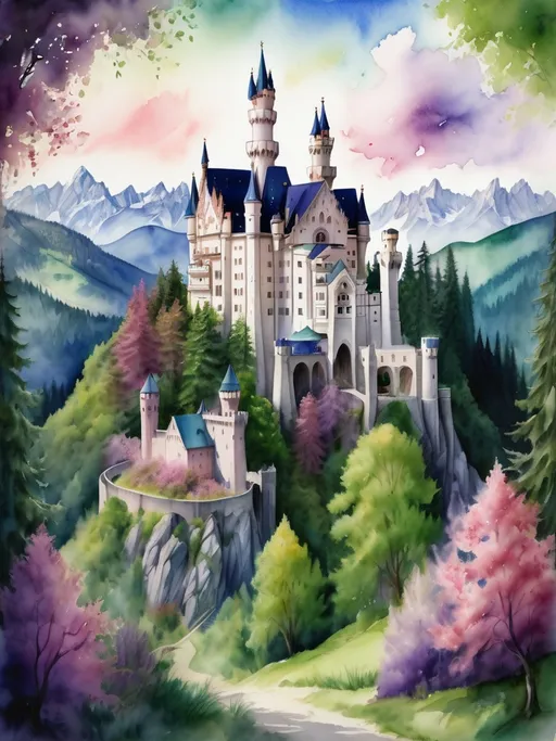 Prompt: a drawing of neuschwanstein castle with trees and flowers around, Florence Engelbach, fantasy art, watercolor, a watercolor painting, main theme pink, purple, green