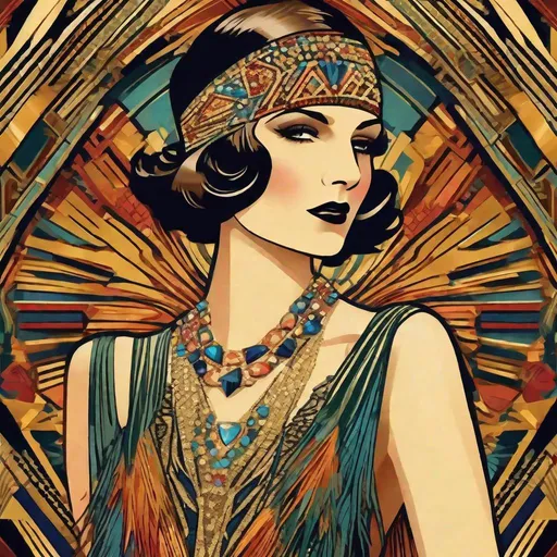 Prompt: Colorful art deco illustration of a young lady, vibrant and luxurious, intricate geometric patterns, elegant flapper dress with fringe details, stylish headband with feathers, radiant and confident expression, rich color palette with gold and jewel tones, high quality, detailed art deco, 1920s fashion, elegant design, luxurious atmosphere, art deco style, vibrant colors, confident stance, radiant lighting