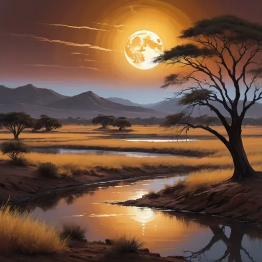 Prompt: digital painting, The night sky is illuminated by a bright yellow full moon, its reflection shimmering on the surface of the river. In the foreground, a solitary acacia tree stands as a silhouette, its branches reaching towards the twinkling stars above. The African desert landscape is bathed in an ethereal light, with the painting featuring a style of bold, slim lines, and a color scheme of intense dark chestnut brown, burnt sienna, and soft cream., bold and slim lines, brush strokes, intense dark chestnut brown, burnt sienna and soft cream color, close-up shot, short distance