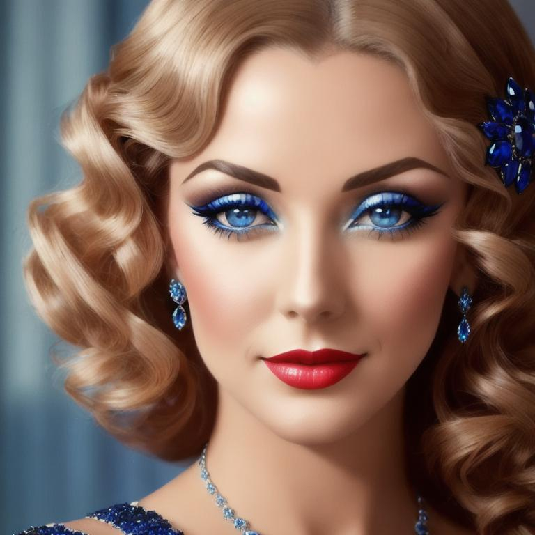 Prompt: Glamorously dressed lady of rhe 1930's wearing sapphire jewelry,blue eyes