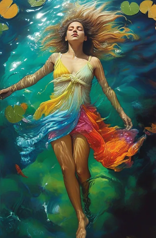 Prompt: a woman in a colorful dress floating in the water with her hair  floatingand her body painted with colors, Alberto Seveso, visual art, vivid colors, an airbrush painting