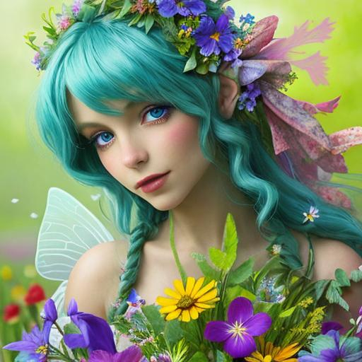 Prompt: a fairy of spring, ,wildflowers, vivid colors,  facial closeup