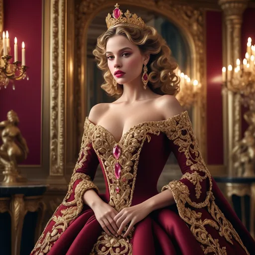 Prompt: In an opulent palace setting, a regal figure commands attention, adorned in a stunning deep red gown embellished with intricate gold detailing that accentuates her elegant silhouette. Her voluminous, golden curls cascade dramatically around her shoulders, and her striking makeup, characterized by bold pink lips and rosy cheeks, enhances her enchanting presence. A lavish crown with decorative patterns and jewels rests atop her head, perfectly complementing the luxurious atmosphere enhanced by grand columns and ornate architecture in the background. The warm, soft lighting creates a majestic and romantic mood, encapsulating the essence of royal glamour and timeless beauty.