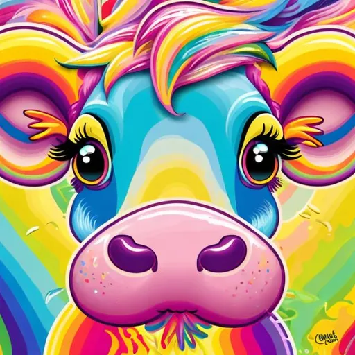 Prompt: Colorful Lisa Frank-style illustration of a playful cow toy, vibrant rainbow colors, whimsical and lively, soft pastel hues, detailed fur with fun patterns, big shiny eyes, cute and cheerful expression, glossy plastic material, artistic, Lisa Frank style, vibrant colors, whimsical, pastel tones, detailed fur, playful expression, glossy material, high quality