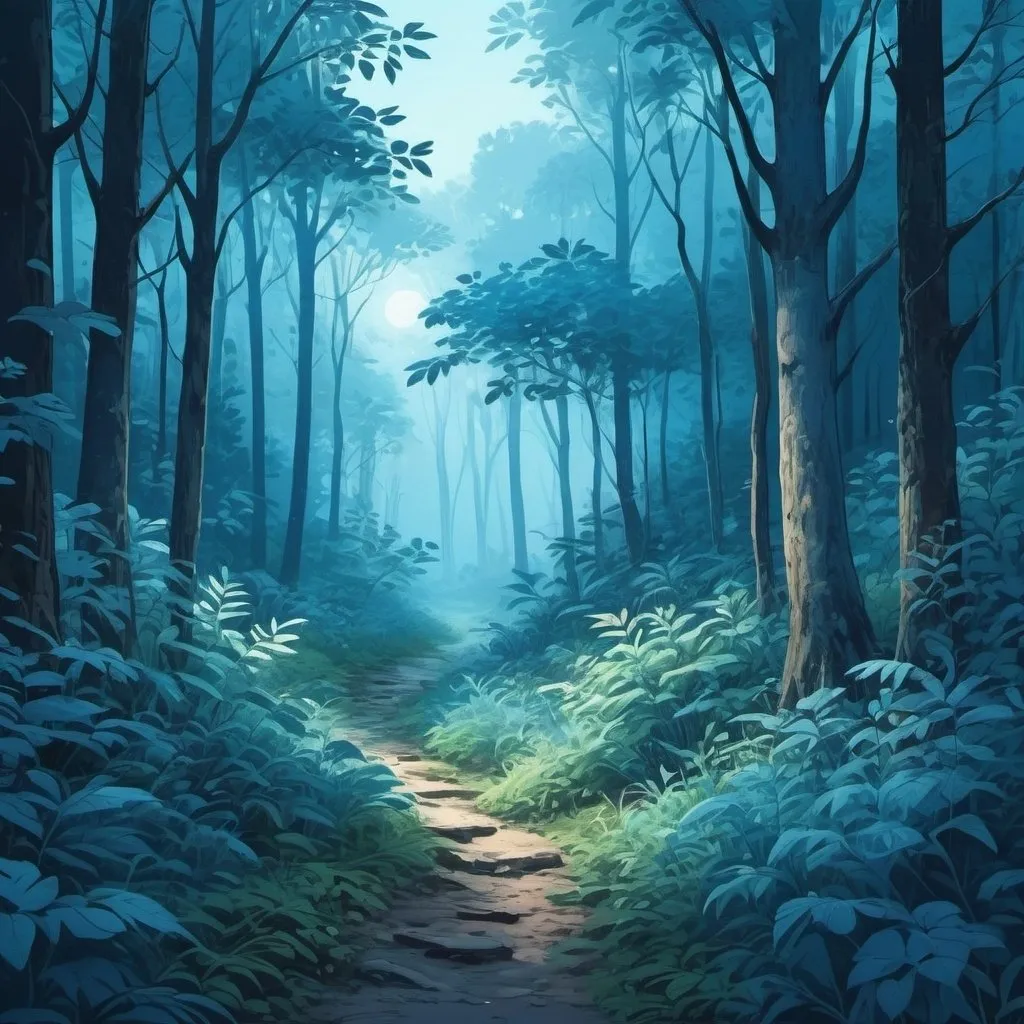 Prompt: Blue-themed digital illustration of a serene forest, lush foliage in varying shades of blue, tranquil atmosphere, high quality, detailed texture, digital painting, serene, peaceful, cool tones, atmospheric lighting