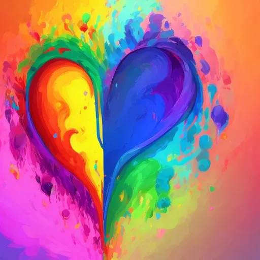 Prompt: Vibrant rainbow heart illustration, digital painting, swirling colors, high quality, detailed brushwork, bright and colorful, whimsical style, rainbow colors, professional, vibrant lighting