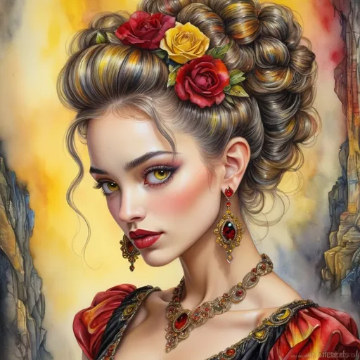 Prompt: beautiful woman, hair pinned up, yellow red black dress, earrings, Watercolor, trending on artstation, sharp focus, studio photo, intricate details, highly detailed, by  Josephine Wall and Jasmine Becket-Griffith