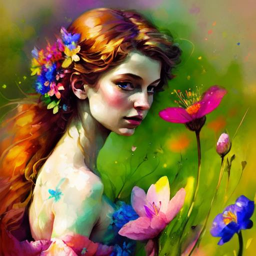 Prompt: a fairy of spring, ,wildflowers, vivid colors, closeup