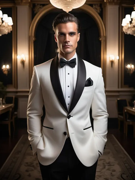 Prompt: In an opulent, dimly lit setting, a strikingly handsome man stands poised, exuding an air of sophistication and confidence. Dressed in a pristine white tuxedo with a sleek black shawl lapel and a matching bow tie, he displays a refined elegance, accentuated by an intricately patterned tie adorned beneath his collar. The richly decorated backdrop features ornate golden mirrors and glittering chandeliers that cascade light, adding a touch of glamour to the scene. His strong jawline and intense gaze suggest a narrative of charm and charisma, making him the focal point in this luxurious environment, reminiscent of a glamorous evening affair. The color palette combines deep golds and whites, enhancing the image's overall sense of grandeur and class.