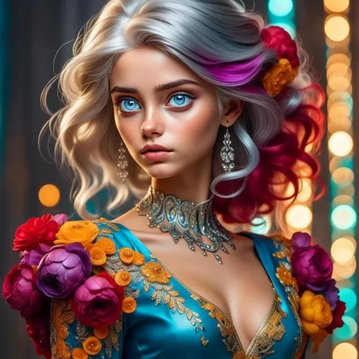 Prompt: <mymodel> digital painting, dramatic colourful makeup, high fashion, intense gaze, realistic portrayal, vibrant colors, detailed features, highres, professional, dramatic, realistic, digital painting, intense gaze, vibrant colors, detailed features, high fashion, glamorous lighting