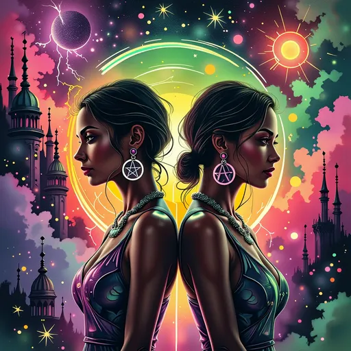 Prompt: This is a vibrant, digital illustration featuring two silhouetted women standing back-to-back against a surreal, cosmic background. The women are depicted in profile, both with smooth, dark skin and sleek, short hair. The woman on the left has her hair styled in a slight pixie cut, while the woman on the right has her hair in loose waves. Both women are adorned with intricate, futuristic jewelry, including necklaces with pentagram pendants and large, circular earrings. They wear form-fitting, metallic dresses with swirling, galaxy-like patterns and glowing accents.

The background is a dazzling, psychedelic explosion of colors and light. Bright, neon hues of pink, green, purple, and orange dominate the scene, with electric bolts of lightning and radiant, rainbow-like rings emanating from the center. Floating, star-shaped objects and abstract shapes add to the cosmic theme. On the left side of the background, there is a silhouetted, futuristic building with dome-like structures. The right side features a swirling, greenish mist. The overall texture is smooth and glossy, with a high-contrast, neon aesthetic. The image combines elements of science fiction and fantasy, creating a visually striking, otherworldly scene.
