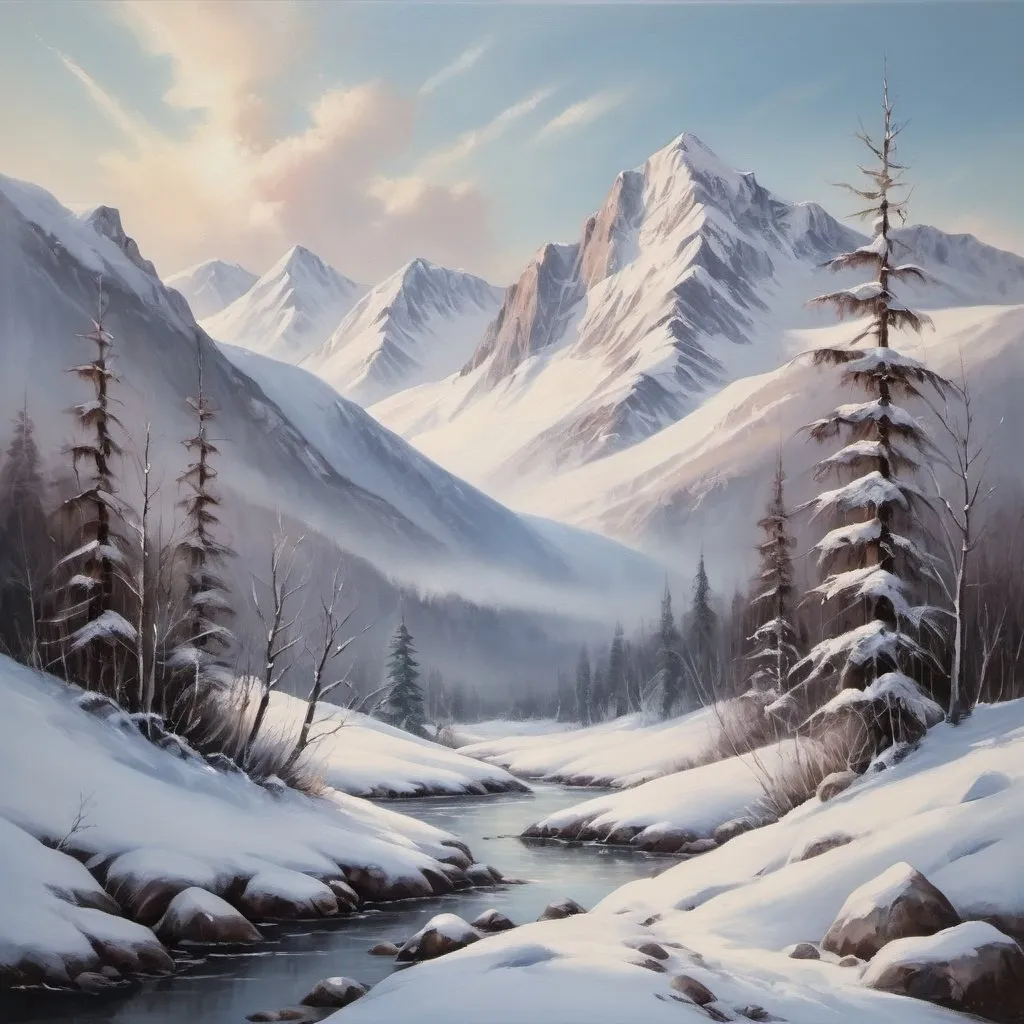 Prompt: Snowy mountain landscape, oil painting, snow-capped peaks, serene winter scene, high quality, realistic, cool tones, soft lighting, peaceful atmosphere