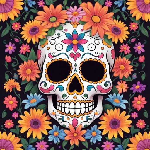 Prompt: A sugar skull surrounded by flowers