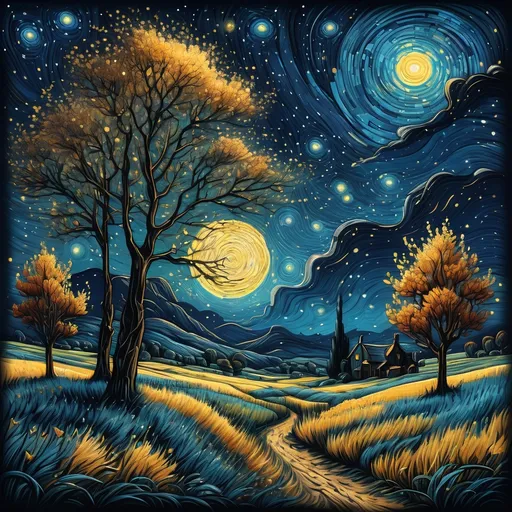 Prompt: a  landscape with a night sky background and stars in the sky,  Van Gogh sky, Dan Mumford, post-impressionism, stars, a detailed painting