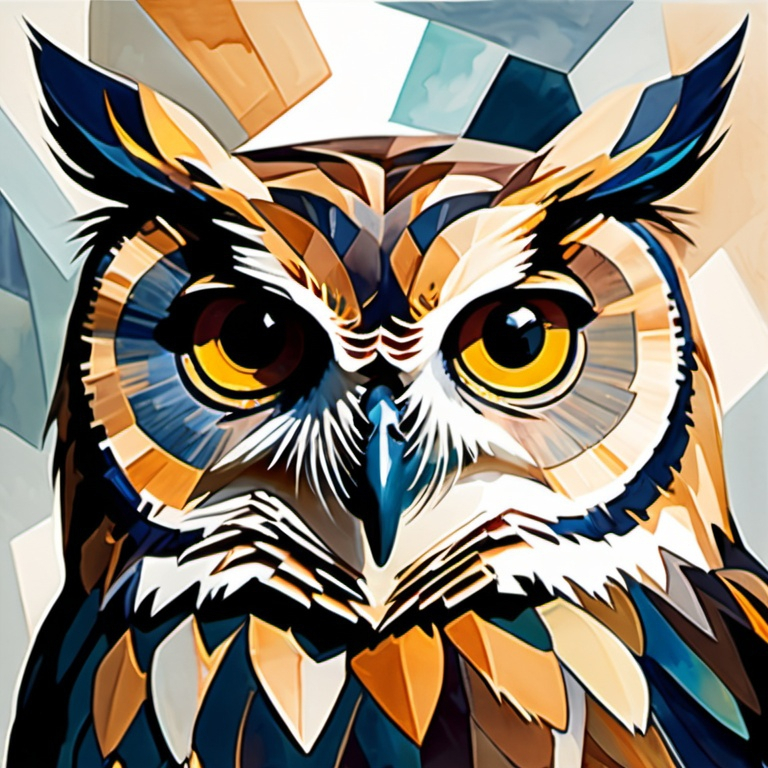 Prompt: owl in a watercolor painting cubism art style