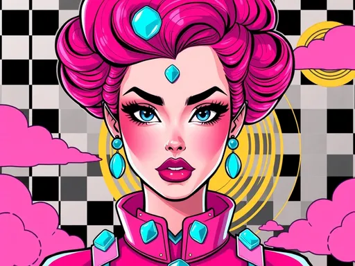 Prompt: This is a digital illustration in a vibrant, retro-futuristic style. The central subject is a striking young woman with fair skin and bright pink, voluminous, curly hair styled in an elaborate updo. Her large, almond-shaped blue eyes are accentuated with thick, black eyeliner and long lashes, and she has full, pink lips. A glowing, circular turquoise gem is placed on her forehead, and she wears matching turquoise earrings. Her outfit is a high-collared, futuristic garment in shades of pink and blue, adorned with turquoise gems and geometric patterns. The background features a checkered pattern in black and white, with pink and yellow clouds and a golden circular design with concentric lines. The overall color palette is bold and saturated, with a mix of pinks, blues, and turquoises. The illustration has a highly stylized, almost comic-book-like quality, with smooth, clean lines and a polished finish. The combination of the character's intense gaze and the vibrant, whimsical background creates a dynamic and captivating image.