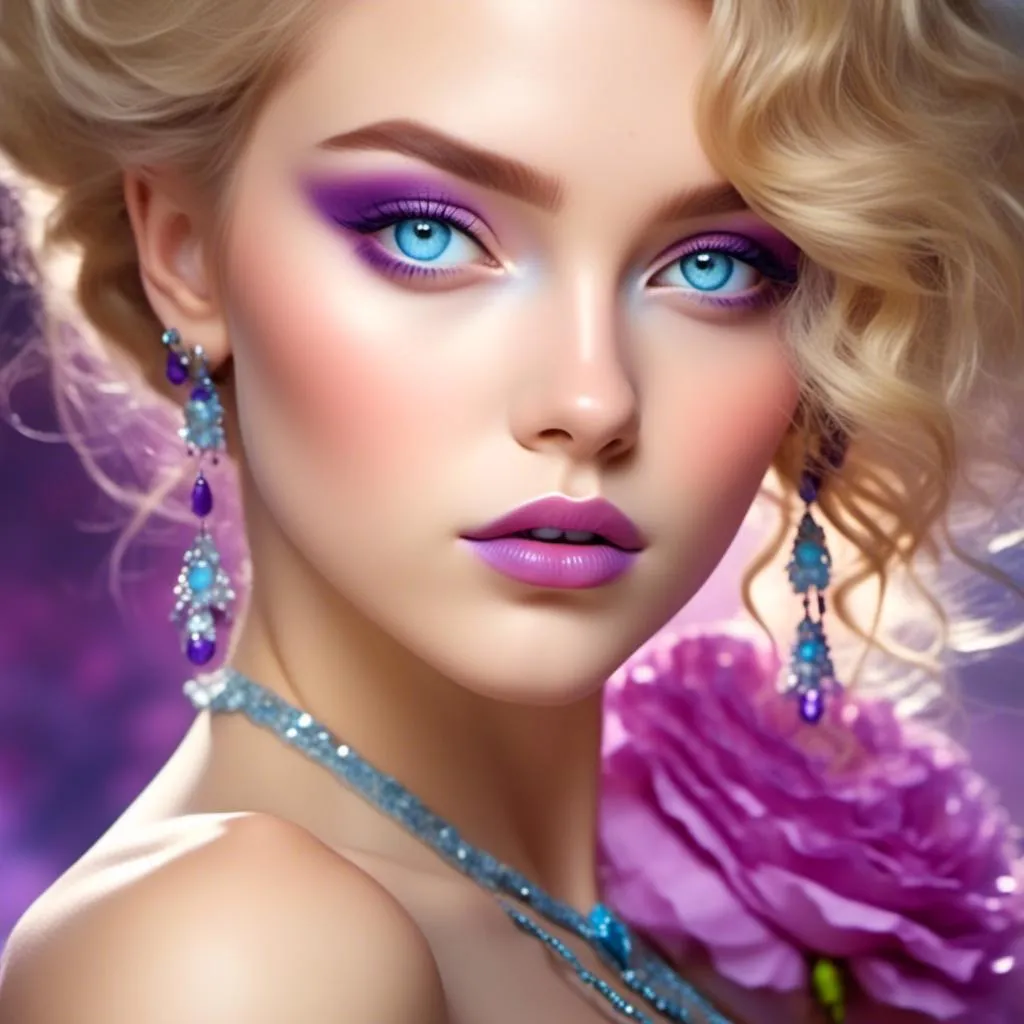 Prompt: <mymodel>Beautiful ethereal woman, long blonde hair,and icy blue eyes color, purple lipstick, facial closeup