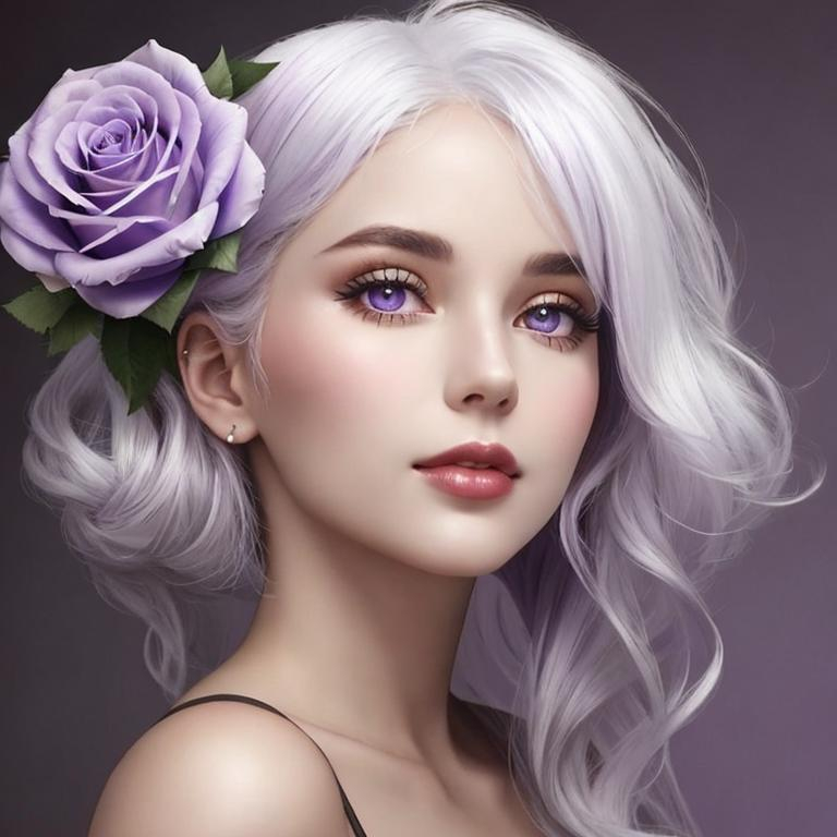 Prompt: A beautiful woman, white hair with pastel purple roses