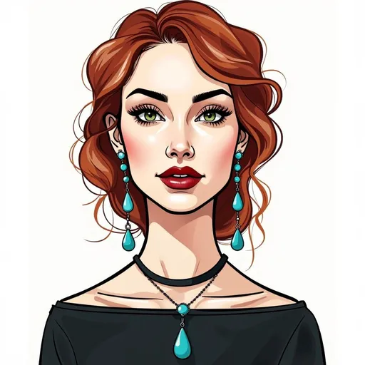 Prompt: This is a digital illustration of a young woman with a stylized, comic book appearance. She has fair skin. Her eyes are expressive, and a vibrant  green with long, dark lashes. She has thick, wavy, red hair that frames her face, falling just above her shoulders. Her lips are full and painted a deep red. She is wearing an off-the-shoulder black top that exposes her collarbones.

Adorning her ears are turquoise teardrop-shaped earrings, each with a small silver stud at the top. Around her neck is a matching turquoise necklace with a single large teardrop pendant that rests just above her cleavage. The turquoise jewelry contrasts strikingly with her red hair and black top.

The background is plain white, making the subject the focal point of the image. The illustration style is clean and modern, with bold black outlines and flat colors. The overall aesthetic is both elegant and slightly whimsical, with a focus on the woman's striking features and stylish accessories. The image conveys a sense of sophistication and individuality.