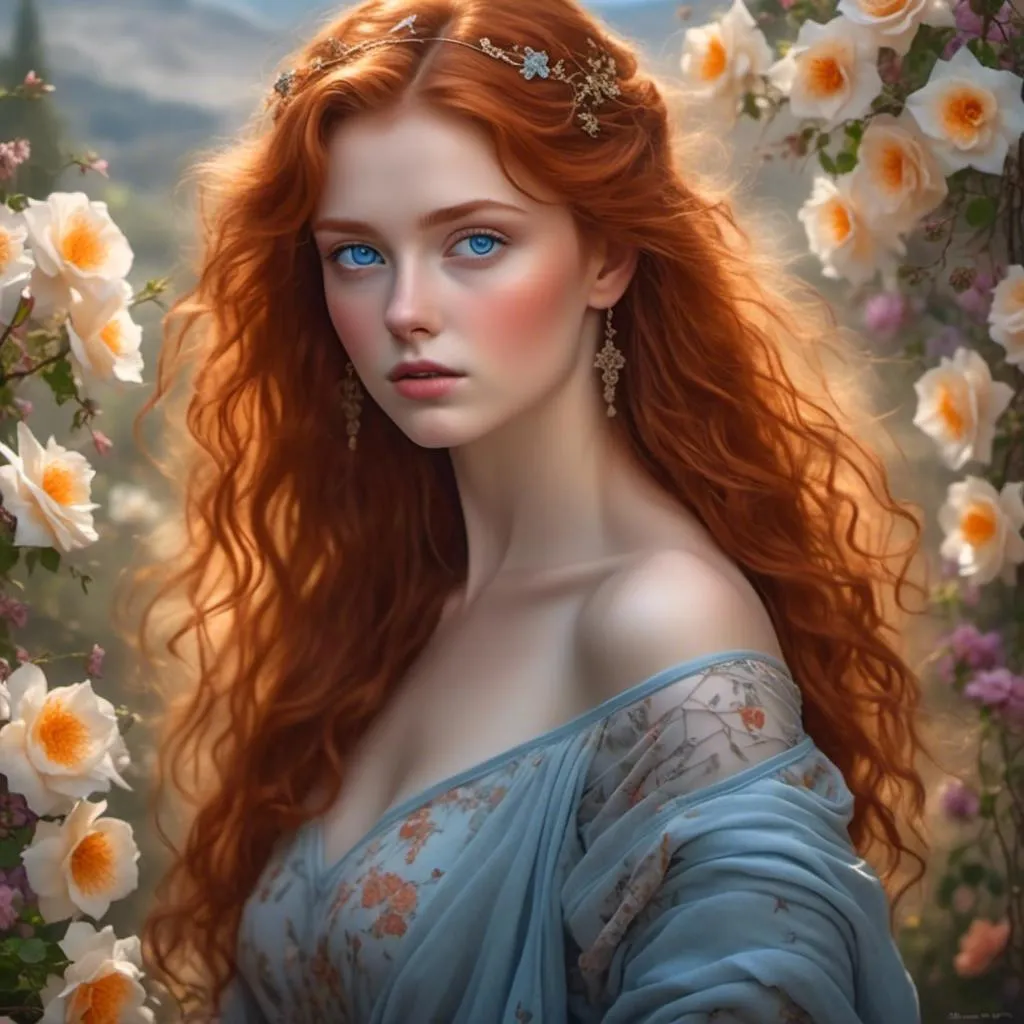 Prompt: <mymodel>A beautiful  and elegant woman with ginger hair and blue eyes