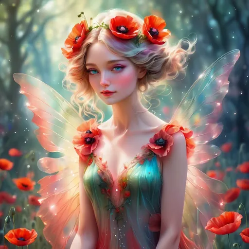 Prompt: Magical female poppy fairy, vibrant and ethereal, digital painting, elegant wings with delicate details, flowing floral dress, enchanting gaze, surreal atmosphere, high quality, fantasy, vibrant colors, ethereal lighting