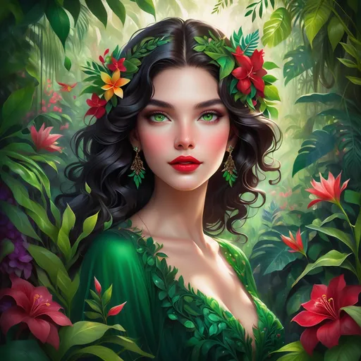 Prompt: Emerging gracefully from a lush, vibrant jungle, a young woman captivates with her striking beauty, framed by abundant greenery and colorful blossoms. Her luxurious, dark hair cascades in soft waves, adorned with bright flowers and delicate leaves, which echo the intricate patterns of her rich green gown. Radiating serenity, her enchanting green eyes and bold red lips create a mesmerizing focal point, harmonizing with the surrounding flora. A playful orange butterfly flutters nearby, enhancing the enchanting atmosphere of this dreamlike scene, where nature and elegance intertwine to evoke a sense of wonder and tranquility. Rich in detail and color, this artwork invites viewers into a world of beauty and harmony.