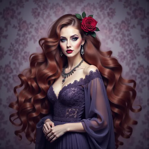 Prompt: a painting of a woman with long red hair and a rose in her hair, wearing a purple dress, Anne Stokes, gothic art, highly detailed digital painting, a detailed painting