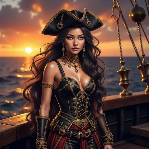 Prompt: iconic female pirate, confident stance, flowing dark hair whipping in the ocean breeze, intricately detailed pirate outfit with a tricorne hat, embellished with gold and jewels, fierce yet enchanting expression, standing atop a weathered ship deck, haunting sunset backdrop with vibrant oranges and purples reflecting on the water, adventurous atmosphere, HD quality, dramatic lighting, capturing the spirit of the high seas and swashbuckling tales