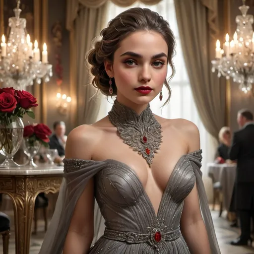 Prompt: In an opulent dining room bathed in soft, warm light, a striking woman stands confidently, exuding glamour in a figure-hugging gray gown adorned with intricate beading and a dramatic, flowing skirt. A deep neckline enhances her elegance, while a bold red rose at the waist serves as a captivating focal point, enriching the luxurious atmosphere. Behind her, sumptuous tables are elegantly set with fine glassware and plush red chairs, complemented by arrangements of deep red roses that echo the flower accent on her dress. The rich teal walls and tufted drapery add to the grandeur, contrasting beautifully with the sparkling chandeliers overhead, creating an enchanting setting perfect for a lavish soirée. The overall mood is sophisticated and celebratory, capturing a moment of high fashion and refined elegance.