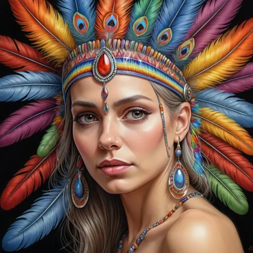 Prompt: a woman with a colorful headdress and feathers on her head is shown in this painting of a woman with a colorful headdress, Alex Grey, fantasy art, highly detailed digital painting, a photorealistic painting