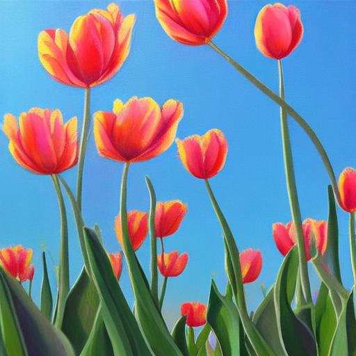 Prompt: Painting of tulips in sunlight light blue sky