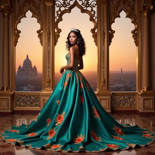 Prompt: In a grand, opulent setting adorned with intricate gold accents, a stunning woman stands poised against a breathtaking sunset backdrop. She wears a striking teal gown embellished with vibrant orange floral patterns that cascade elegantly down the flowing train, accentuating her graceful silhouette. The soft glow of the sunset casts a warm light, enhancing her dramatic makeup and the sparkling tiara resting atop her curly hair. Through the ornate window frames, the silhouette of a majestic dome rises against the colorful sky, creating a harmonious blend of fashion and architecture that evokes a sense of timeless beauty and elegance. The overall atmosphere conveys a narrative of regal sophistication and romantic allure, inviting viewers to indulge in this picturesque moment.