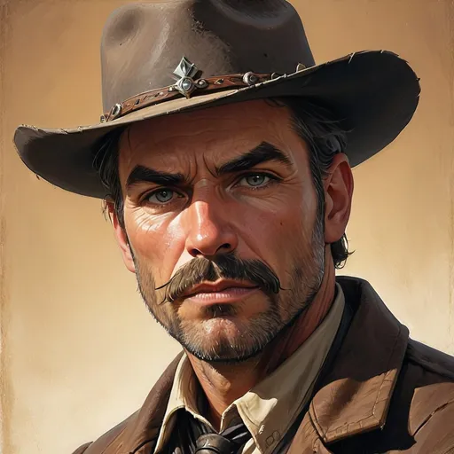 Prompt: A rugged and stern-looking man stares intently from the center of the image, his strong features framed by a wide-brimmed cowboy hat that casts a shadow over his serious expression. His well-groomed mustache adds to his authoritative demeanor, while his piercing eyes convey a sense of determination and experience. Dressed in a classic Western-style outfit with a brown coat and a necktie, he embodies the archetypal gunslinger of the Old West. The background is a warm, faded hue that enhances the focus on his face, creating a moody atmosphere that evokes a narrative of adventure and tension. This stylized portrayal captures the essence of a formidable character ready to face any challenge.