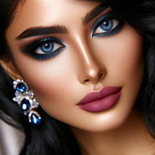 Prompt: <mymodel>a Sapphire lady, feminine elegant princess ,  dark hair, large blue eyes, wearing jewls in her hair,  beautiful makeup, blue eyeshadow, dark pink lipstick, facial closeup