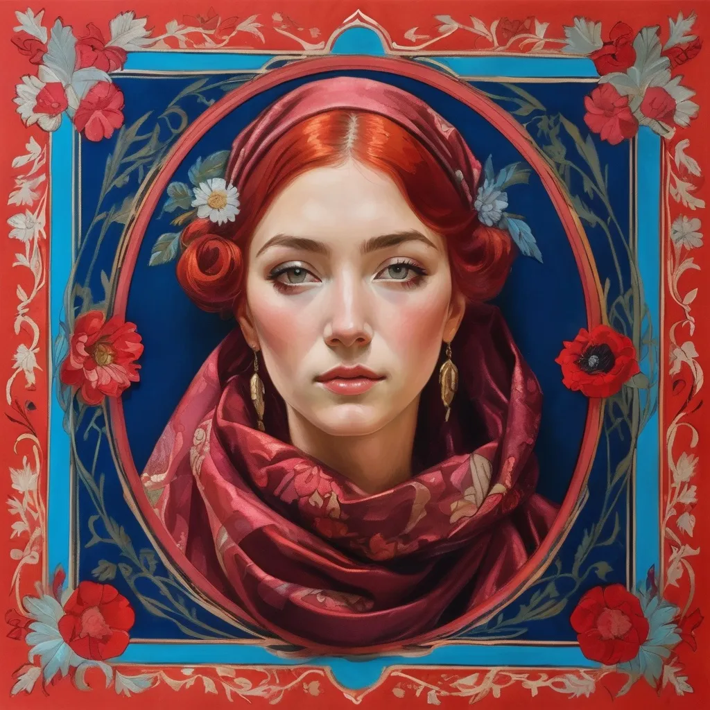 Prompt: a painting of a woman with red hair and a red head scarf with flowers on it, in a circle, Elina Karimova, qajar art, art nouveau fashion embroidered, a silk screen