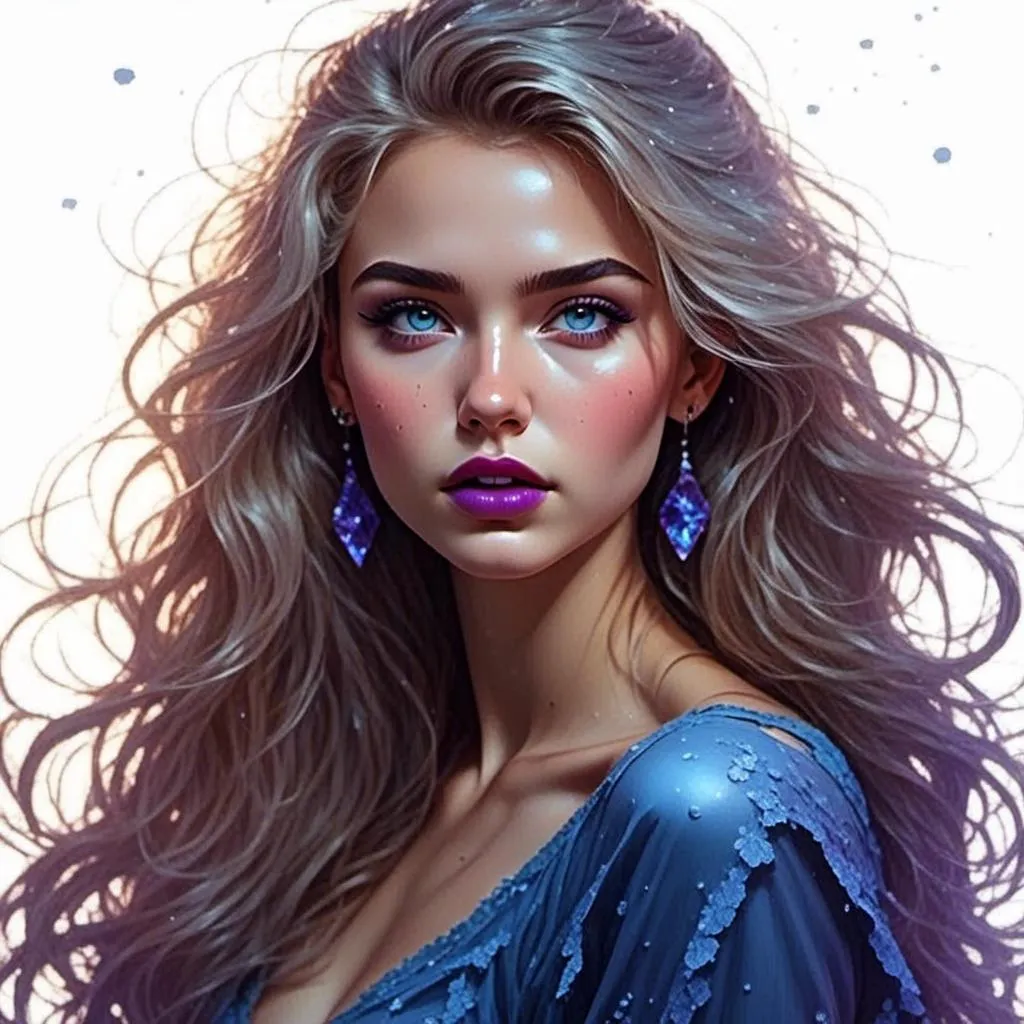 Prompt: <mymodel>Beautiful ethereal woman, long blonde hair,and icy blue eyes color, purple lipstick, facial closeup