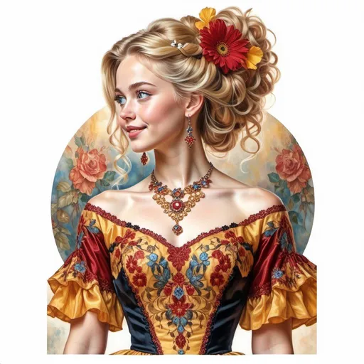 Prompt: <mymodel> beautiful woman, hair pinned up, yellow red black dress, earrings, Watercolor, trending on artstation, sharp focus, studio photo, intricate details, highly detailed, by  Josephine Wall and Jasmine Becket-Griffith