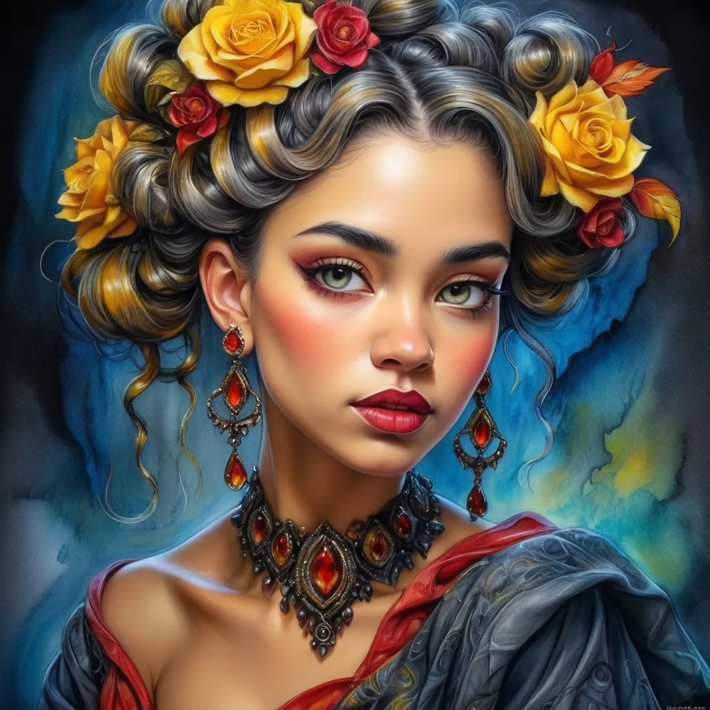 Prompt: <mymodel> beautiful woman, hair pinned up, yellow red black dress, earrings, Watercolor, trending on artstation, sharp focus, studio photo, intricate details, highly detailed, by  Josephine Wall and Jasmine Becket-Griffith