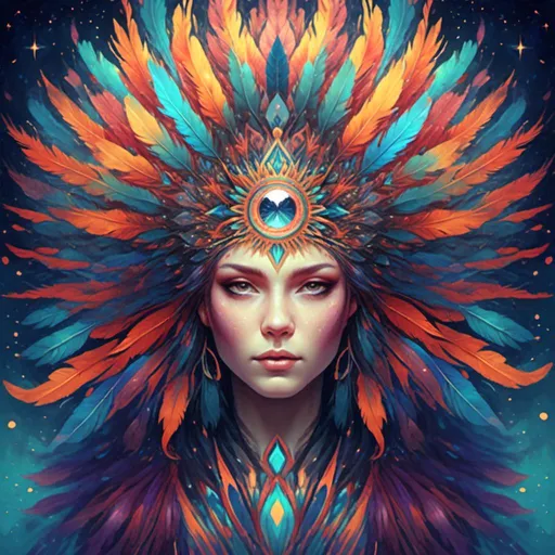 Prompt: <mymodel> a woman with a headdress and feathers on her head, with stars in the background and a star in the center, Anna Dittmann, fantasy art, highly detailed digital painting, a detailed painting