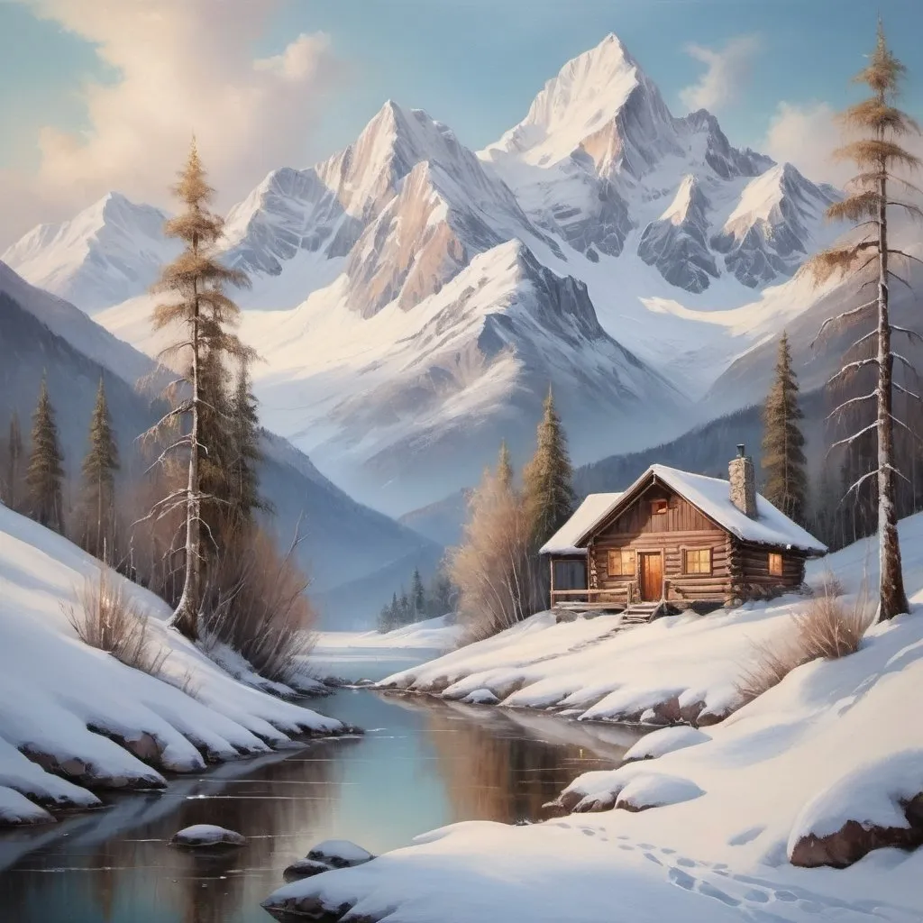 Prompt: a cabin in a snowy mountain landscape, oil painting, snow-capped peaks, serene winter scene, high quality, realistic, cool tones, soft lighting, peaceful atmosphere